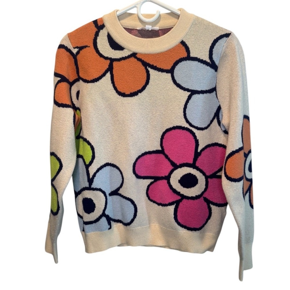 THML Womens Multicolor Floral Crewneck Pullover Sweater M Retro Groovy Chic